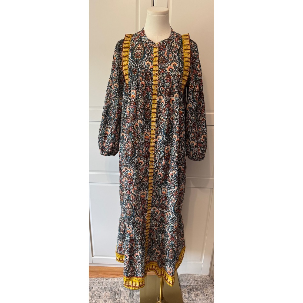 Cleobella Paisley Ruffle Tiered Midi Dress Multicolor Boho Long Sleeve Small‎